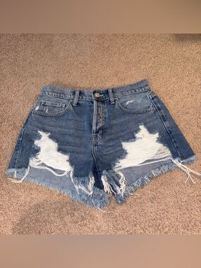 Cello Distressed High-Rise Denim Shorts - Blue with White Patch